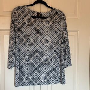 JM Collection Blue Popover Top Blouse, 3/4 Sleeve, Large